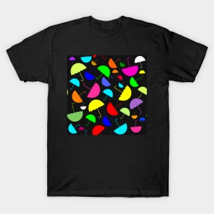 Bright happy colored umbrellas on a black background T-Shirt